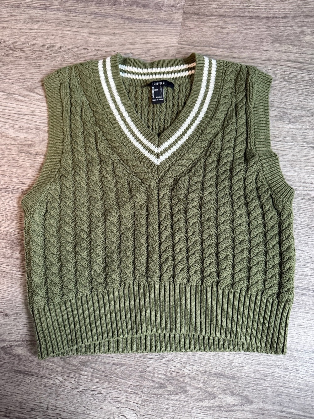 Forever 21 Olive Green Cable Knit V-Neck Sweater Vest with White Stripe